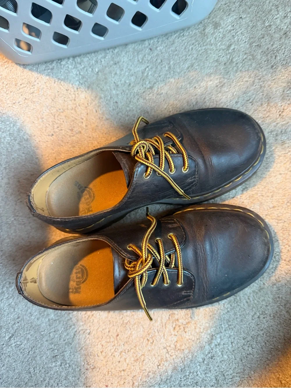 Dr. Martens Dark Brown Leather Derby Shoes with Yellow Stitching